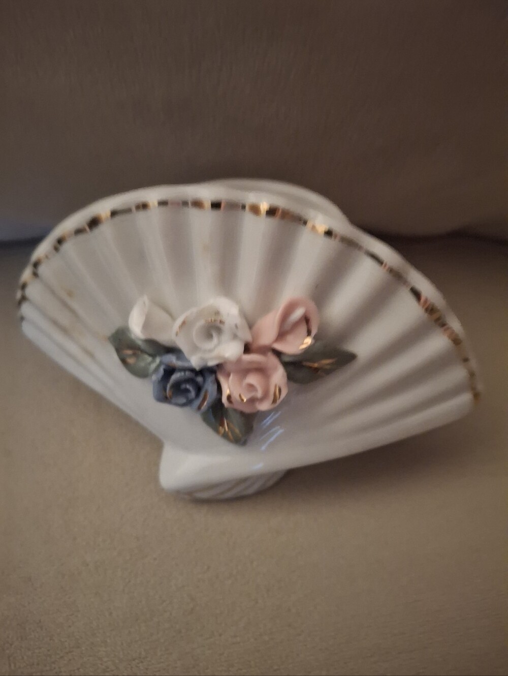 Porcelain Fan Vase with Pink, Blue and White Floral Accents Miniature  3 Inches